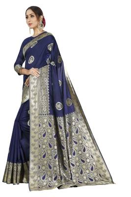 blue woven silk blend saree with blouse 2