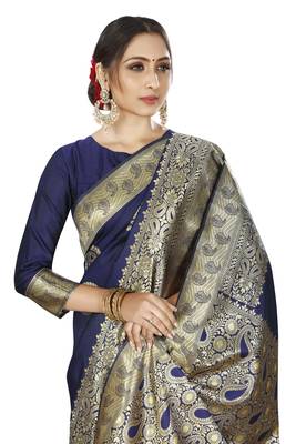blue woven silk blend saree with blouse 4