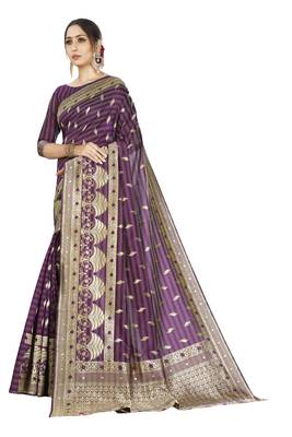 purple woven silk blend saree with blouse 2