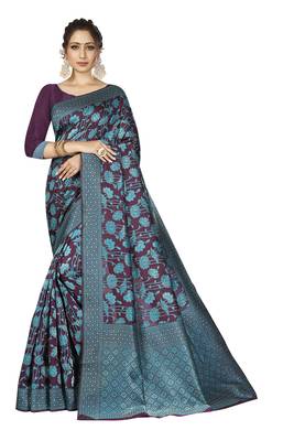 purple woven silk blend saree with blouse 1