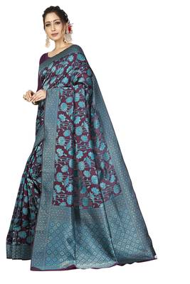 purple woven silk blend saree with blouse 2