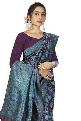 purple woven silk blend saree with blouse 4