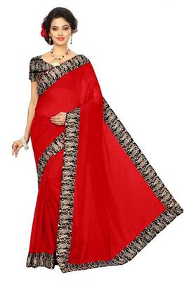 red plain cotton saree with blouse 1