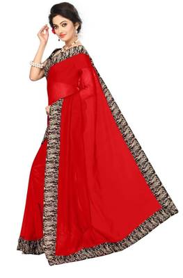 red plain cotton saree with blouse 2