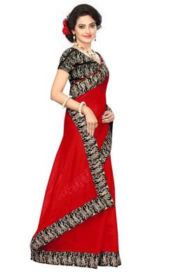 red plain cotton saree with blouse 3