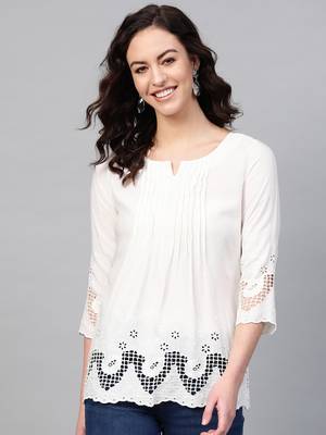 Pinksky White woven viscose rayon cotton-tops 1