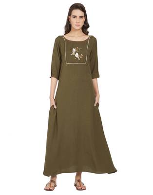 Olive plain linen ethnic-kurtis 1