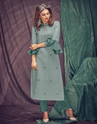 Light-grey embroidered linen ethnic-kurtis 1