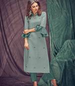 Light-grey embroidered linen ethnic-kurtis