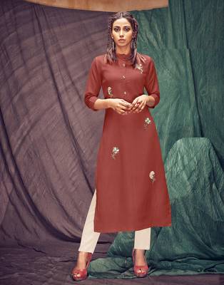 Brown embroidered linen ethnic-kurtis 1
