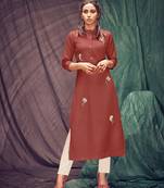 Brown embroidered linen ethnic-kurtis