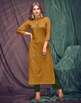 Mustard embroidered linen ethnic-kurtis 1