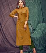 Mustard embroidered linen ethnic-kurtis