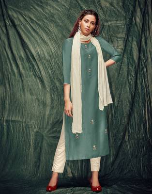 Teal-green embroidered art silk ethnic-kurtis 1