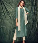 Teal-green embroidered art silk ethnic-kurtis