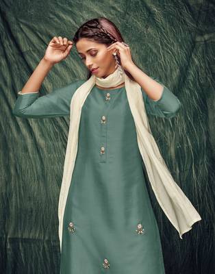 Teal-green embroidered art silk ethnic-kurtis 2