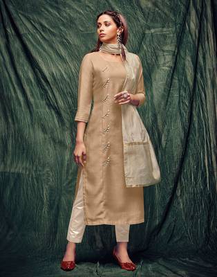 Beige embroidered silk ethnic-kurtis 1
