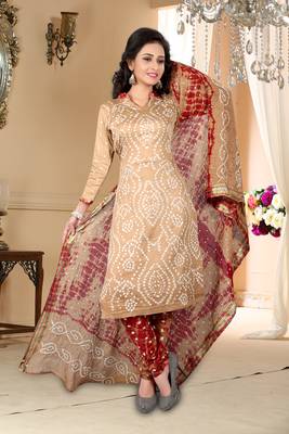 beige Cotton Salwar Suit Dupatta Bandhani Dress Material 1