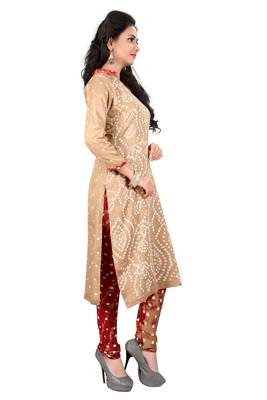 beige Cotton Salwar Suit Dupatta Bandhani Dress Material 4