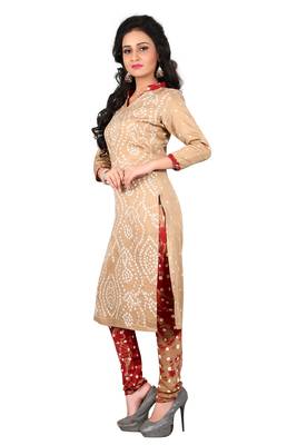 beige Cotton Salwar Suit Dupatta Bandhani Dress Material 5