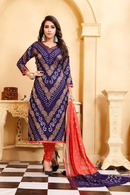 blue Cotton Salwar Suit Dupatta Bandhani Dress Material 1