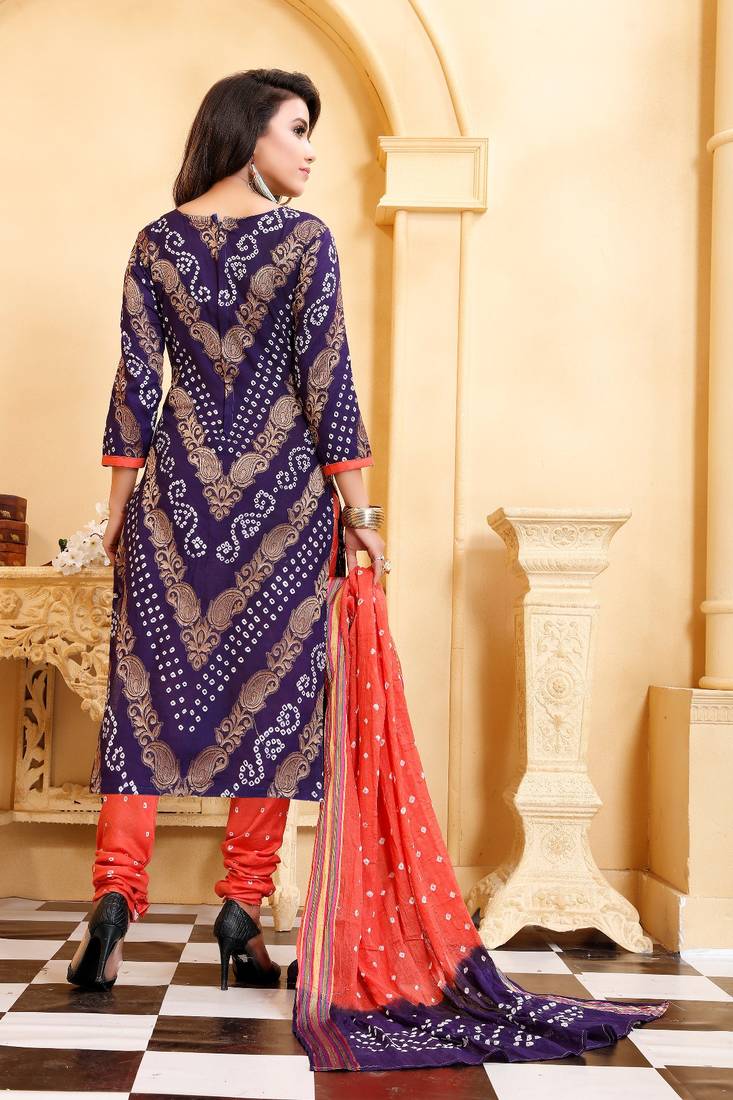 blue Cotton Salwar Suit Dupatta Bandhani Dress Material
