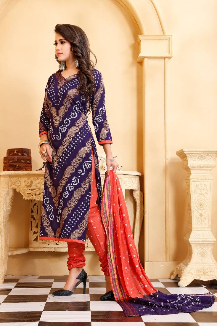 blue Cotton Salwar Suit Dupatta Bandhani Dress Material