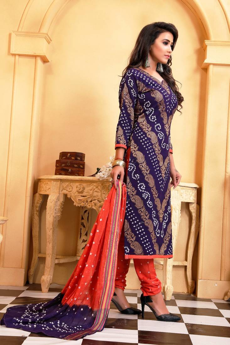 blue Cotton Salwar Suit Dupatta Bandhani Dress Material