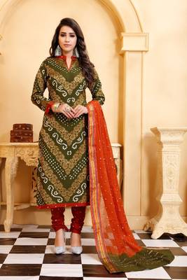 green Cotton Salwar Suit Dupatta Bandhani Dress Material 1