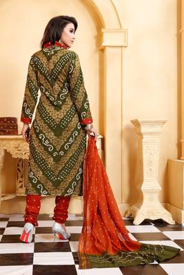 green Cotton Salwar Suit Dupatta Bandhani Dress Material 3
