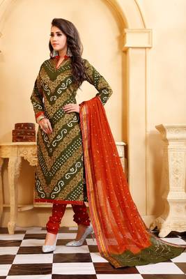 green Cotton Salwar Suit Dupatta Bandhani Dress Material 4