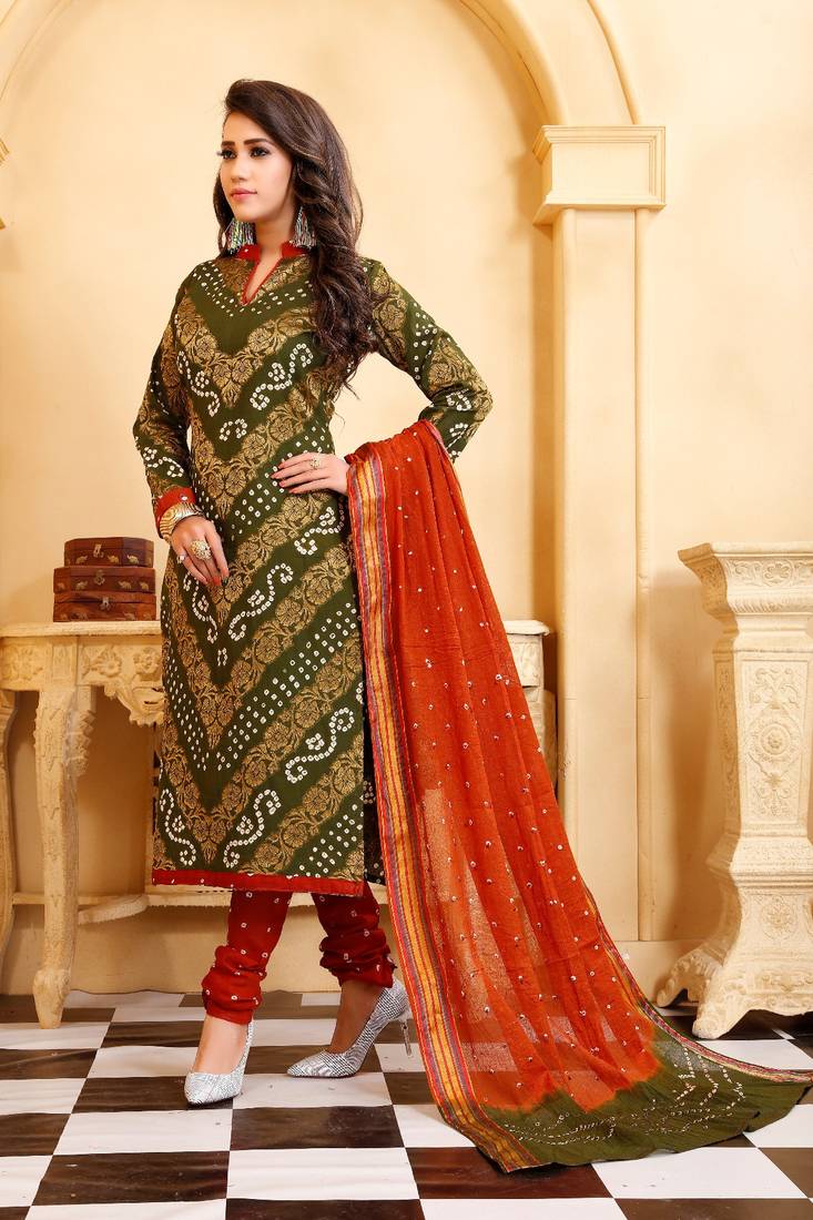 green Cotton Salwar Suit Dupatta Bandhani Dress Material