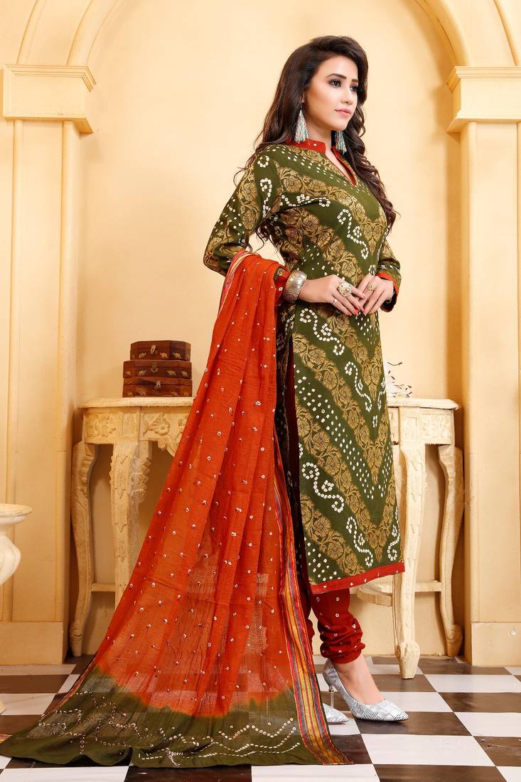 green Cotton Salwar Suit Dupatta Bandhani Dress Material