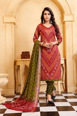 peach Cotton Salwar Suit Dupatta Bandhani Dress Material 1