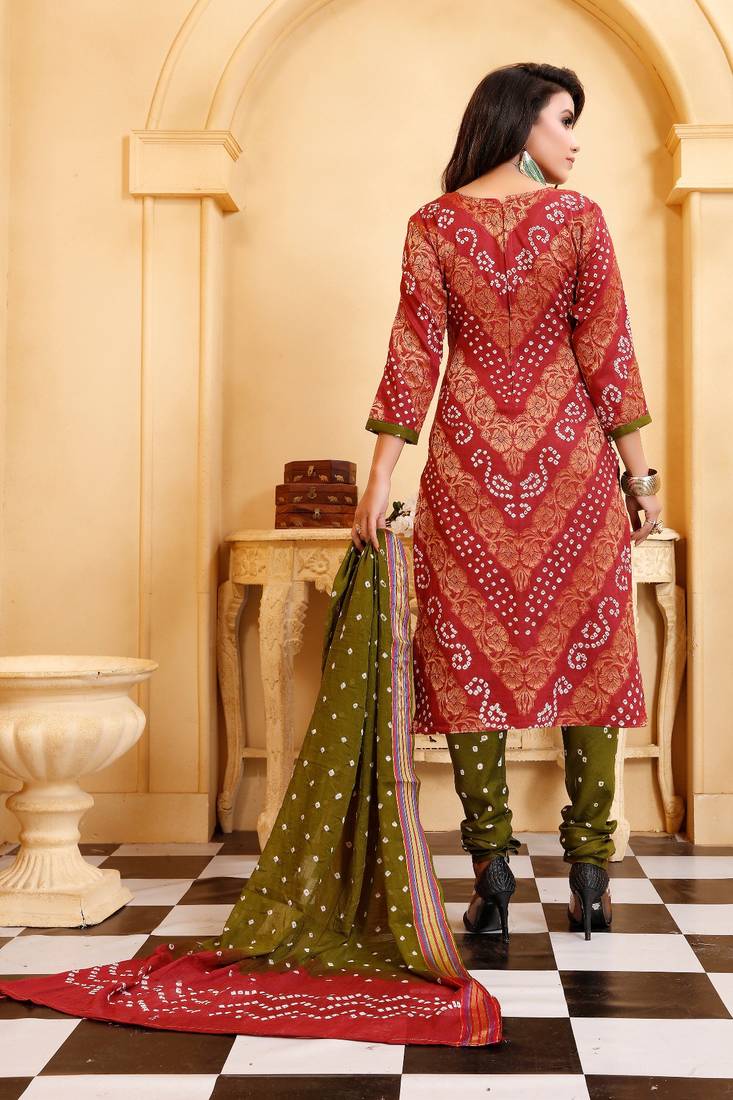 peach Cotton Salwar Suit Dupatta Bandhani Dress Material