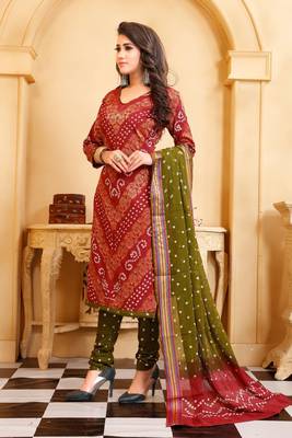 peach Cotton Salwar Suit Dupatta Bandhani Dress Material 4