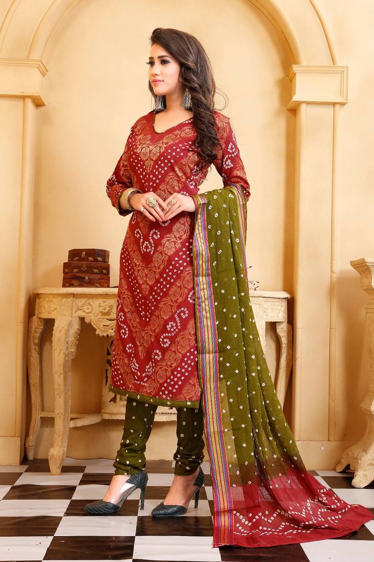 peach Cotton Salwar Suit Dupatta Bandhani Dress Material