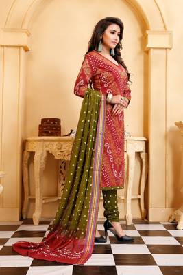 peach Cotton Salwar Suit Dupatta Bandhani Dress Material 5