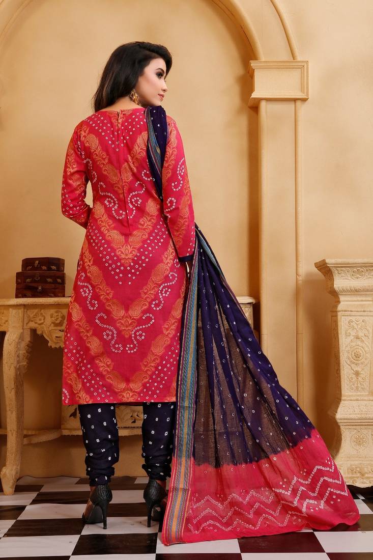 pink Cotton Salwar Suit Dupatta Bandhani Dress Material