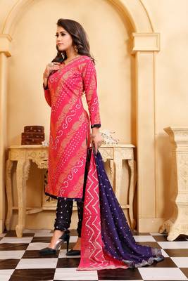 pink Cotton Salwar Suit Dupatta Bandhani Dress Material 4