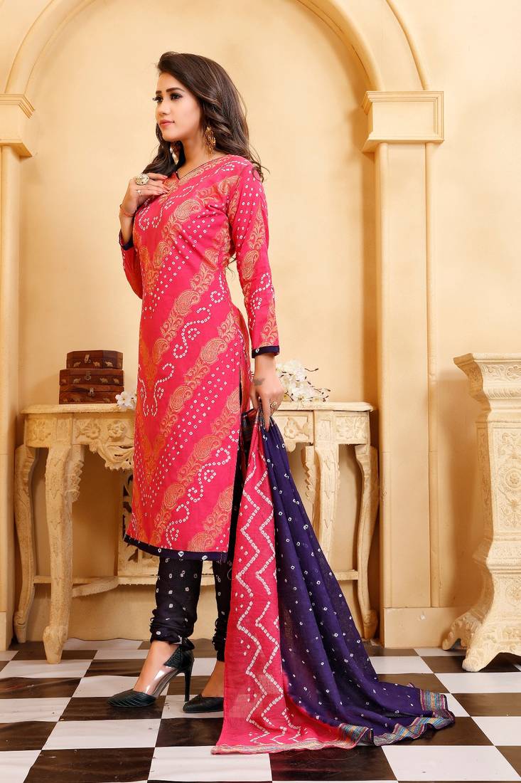 pink Cotton Salwar Suit Dupatta Bandhani Dress Material