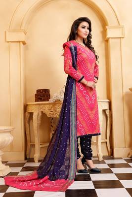 pink Cotton Salwar Suit Dupatta Bandhani Dress Material 5