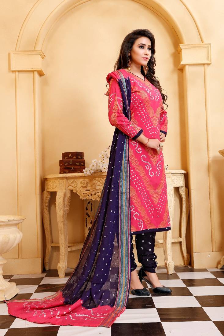 pink Cotton Salwar Suit Dupatta Bandhani Dress Material