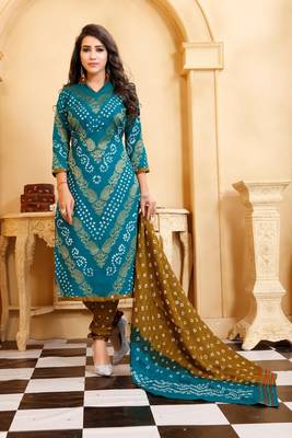 turquoise Cotton Salwar Suit Dupatta Bandhani Dress Material 1