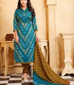 turquoise Cotton Salwar Suit Dupatta Bandhani Dress Material
