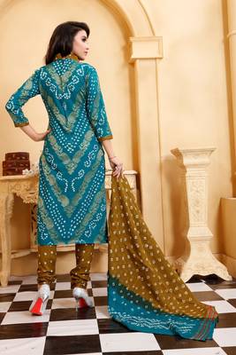 turquoise Cotton Salwar Suit Dupatta Bandhani Dress Material 3