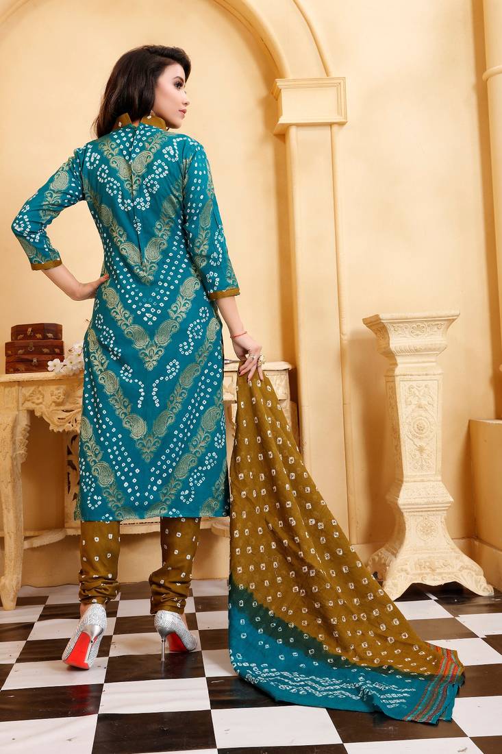 turquoise Cotton Salwar Suit Dupatta Bandhani Dress Material