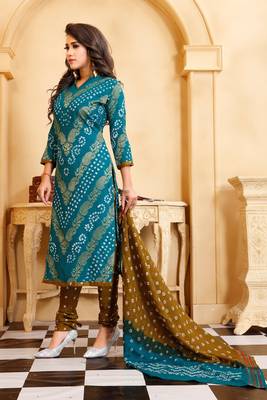 turquoise Cotton Salwar Suit Dupatta Bandhani Dress Material 4