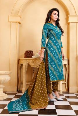 turquoise Cotton Salwar Suit Dupatta Bandhani Dress Material 5