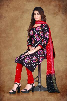 black Cotton Salwar Suit Dupatta Bandhani Dress Material 4